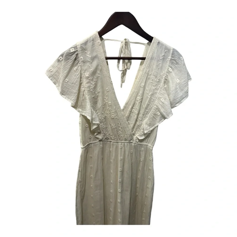 LOVE STITCH IVORY CREAM EMBROIDERED FLUTTER SLEEVE MAXI DRESS SIZE SMALL - Picture 5 of 16